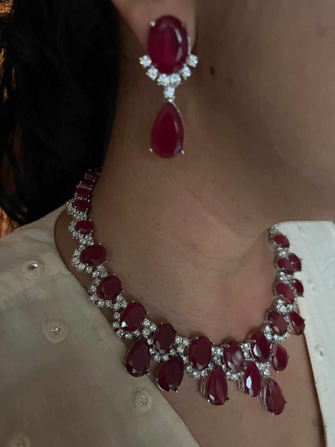 SHIVKA Ruby Necklace Set | Faux Diamonds | Rhodium Plated | Cocktail Jewelry