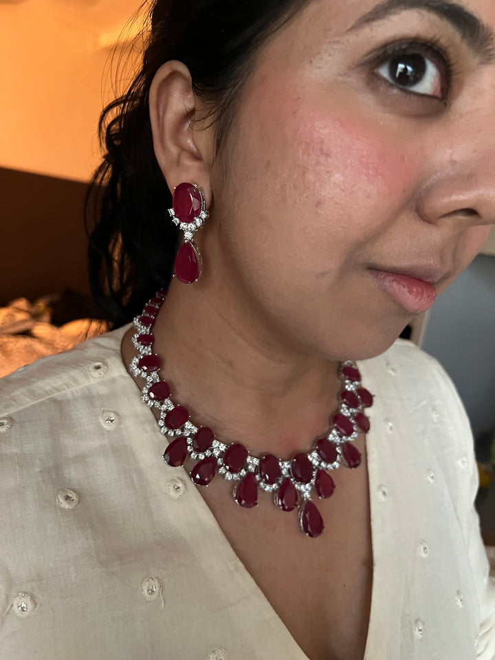 SHIVKA Ruby Necklace Set | Faux Diamonds | Rhodium Plated | Cocktail Jewelry