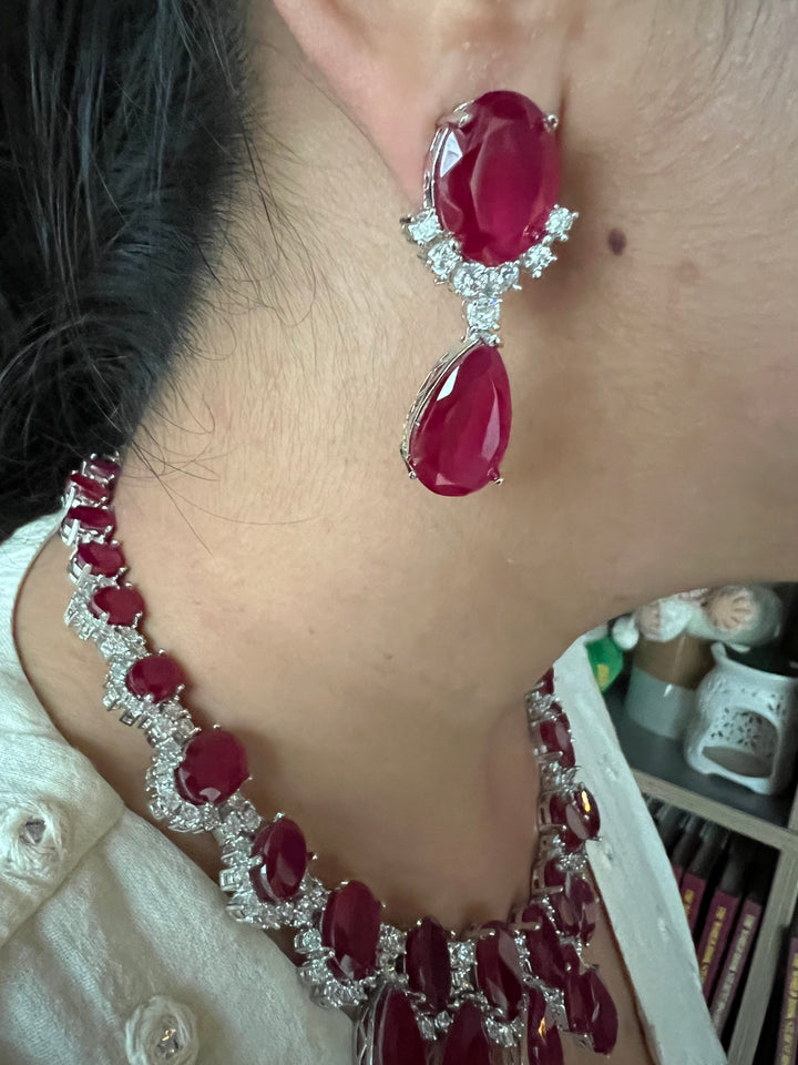 SHIVKA Ruby Necklace Set | Faux Diamonds | Rhodium Plated | Cocktail Jewelry