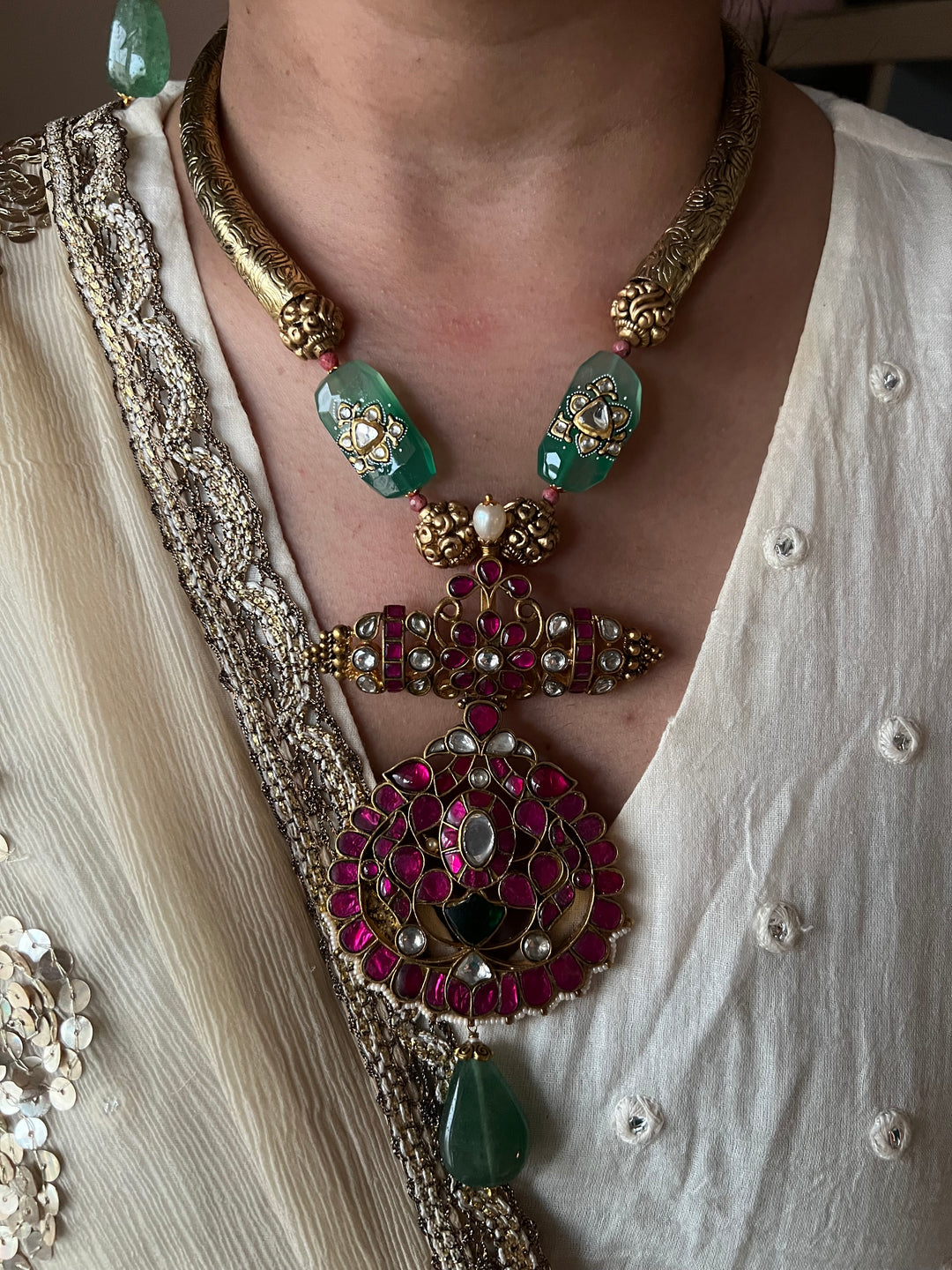 SHIVKA Jadau Antique Fusion Necklace Set | Kundan | Aventurine | Bridal Jewelry
