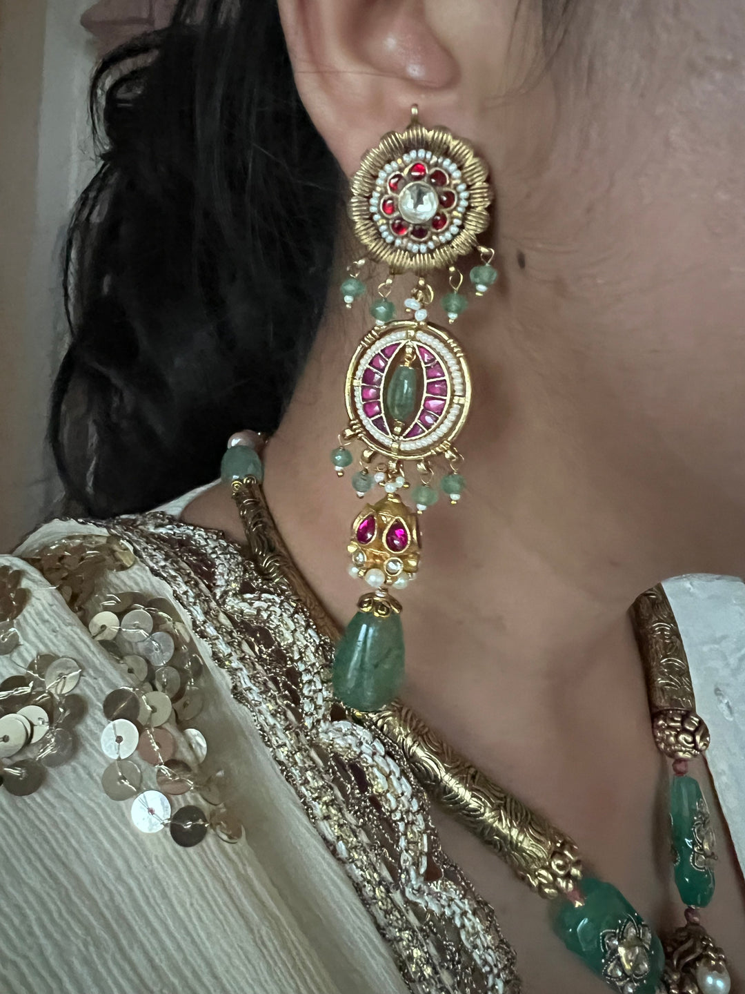 SHIVKA Jadau Antique Fusion Necklace Set | Kundan | Aventurine | Bridal Jewelry