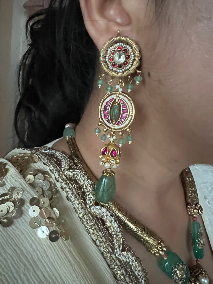 SHIVKA Jadau Antique Fusion Necklace Set | Kundan | Aventurine | Bridal Jewelry