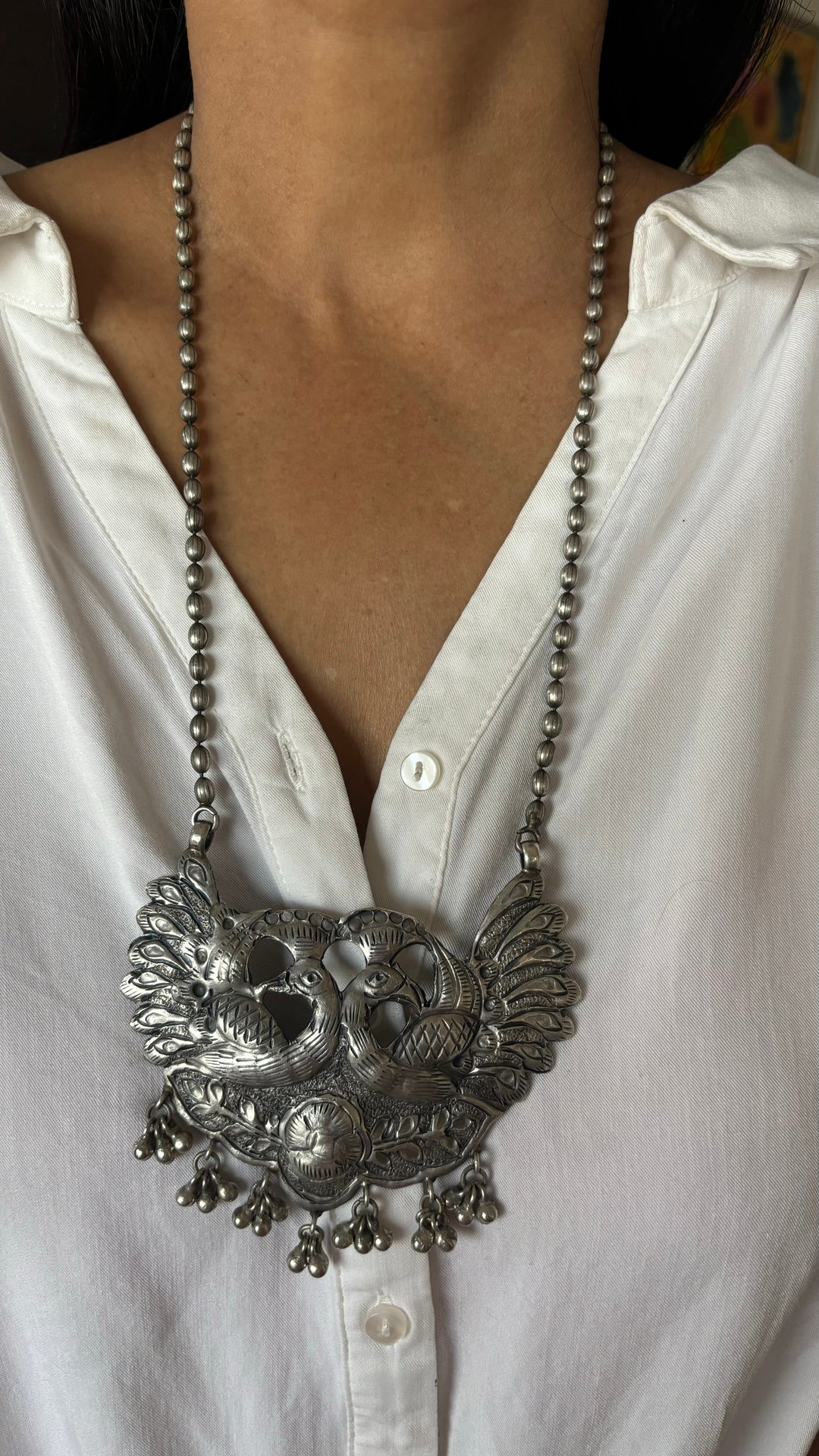 Twin Peacocks Antique Brass Necklace