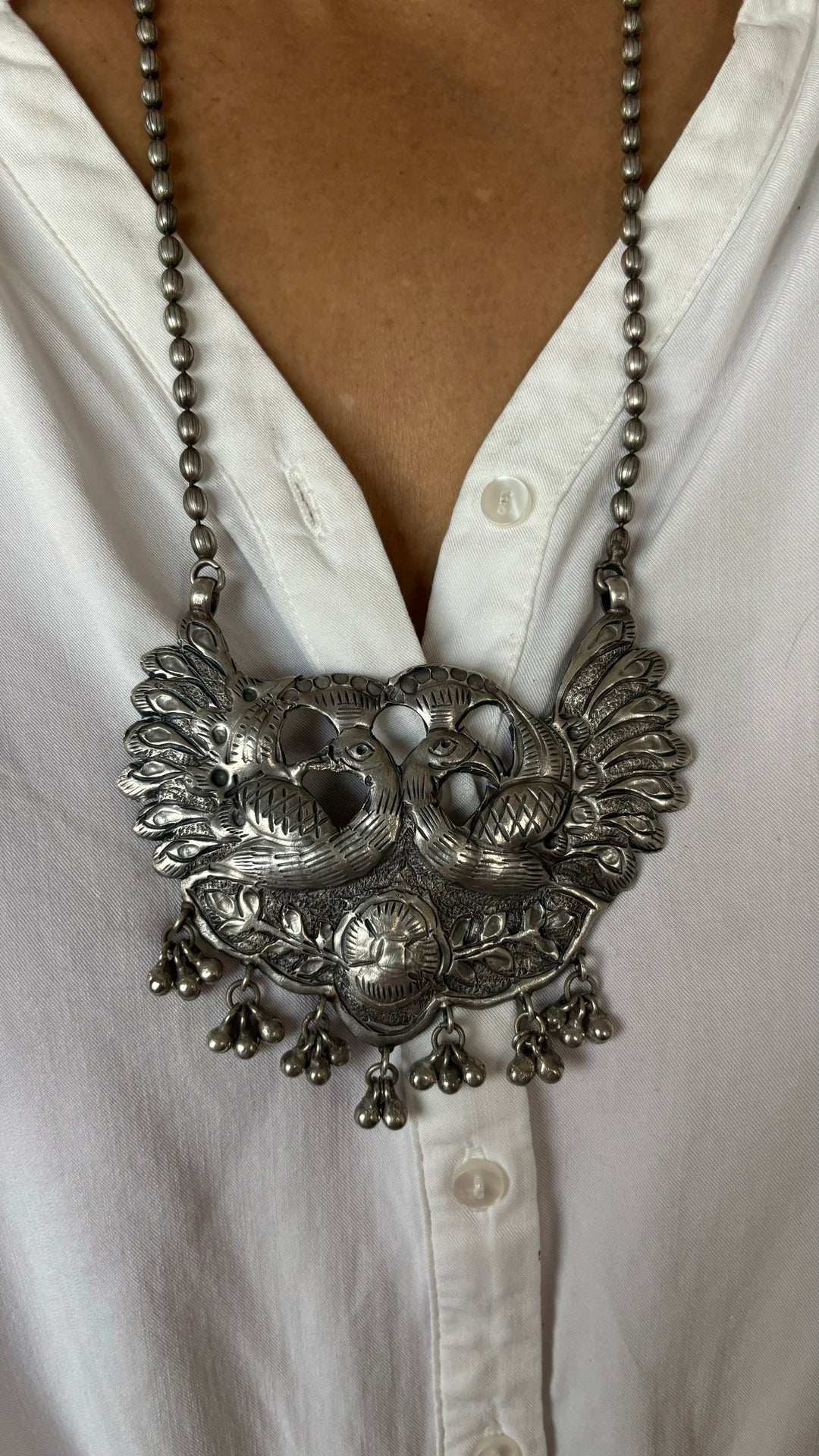 Twin Peacocks Antique Brass Necklace