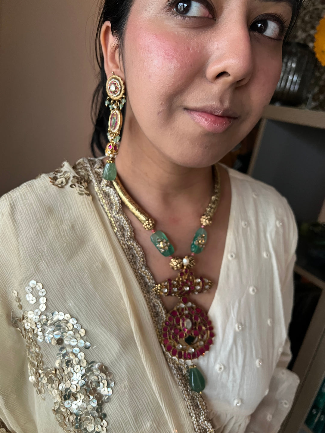 SHIVKA Jadau Antique Fusion Necklace Set | Kundan | Aventurine | Bridal Jewelry