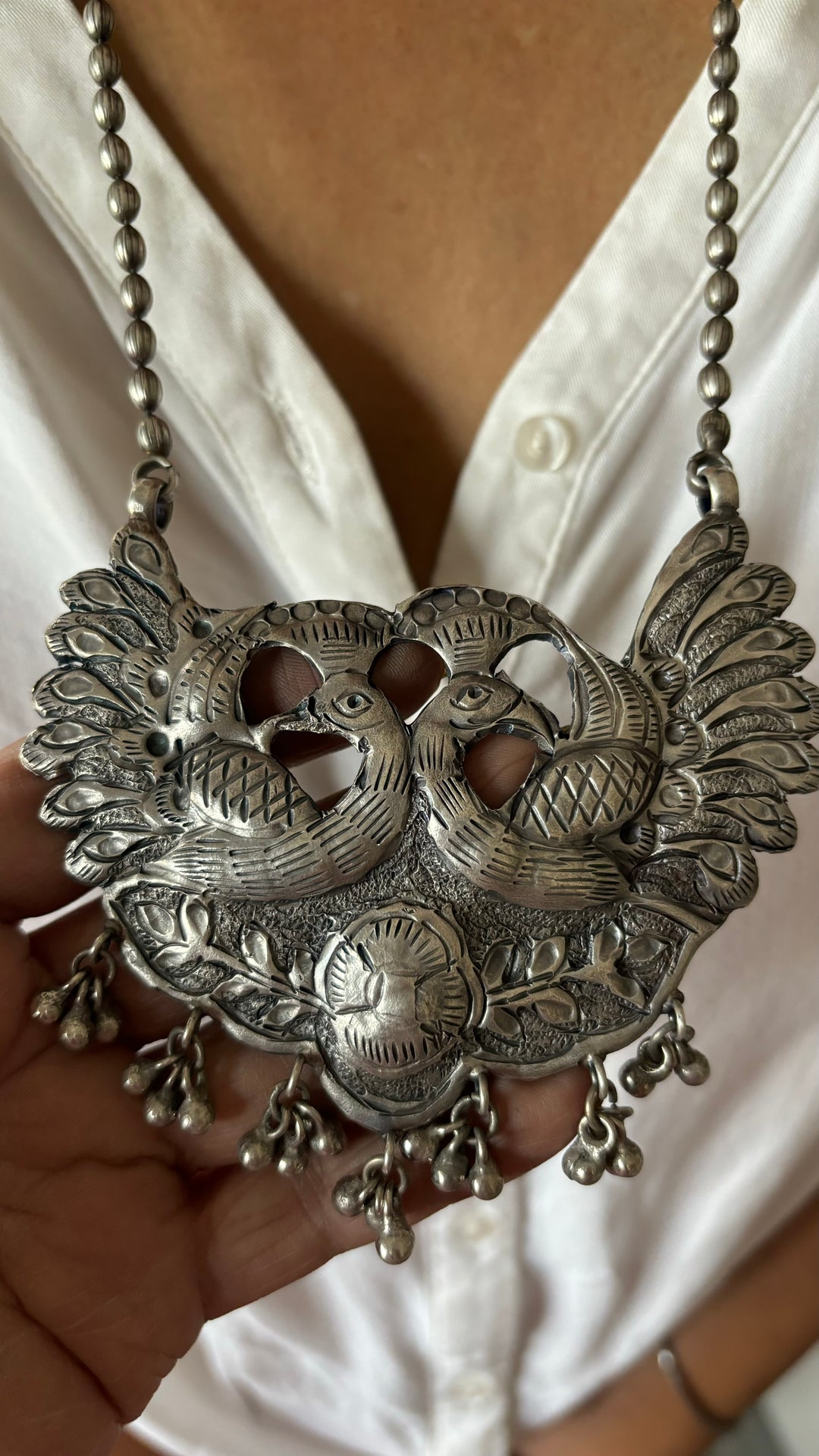 Twin Peacocks Antique Brass Necklace
