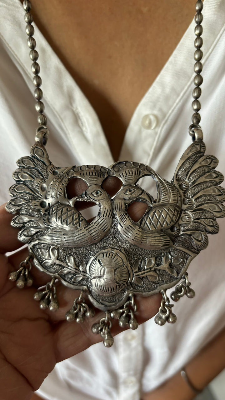 Twin Peacocks Antique Brass Necklace