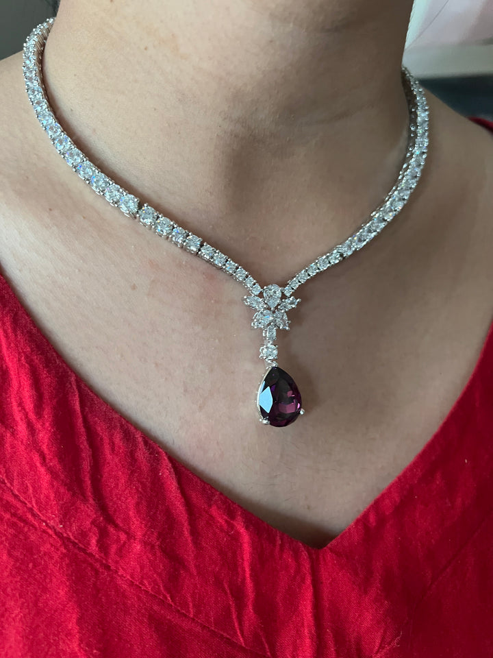 SHIVKA AD Amethyst Necklace Set | CZ Stones | Silver Polish | Cocktail Jewelry