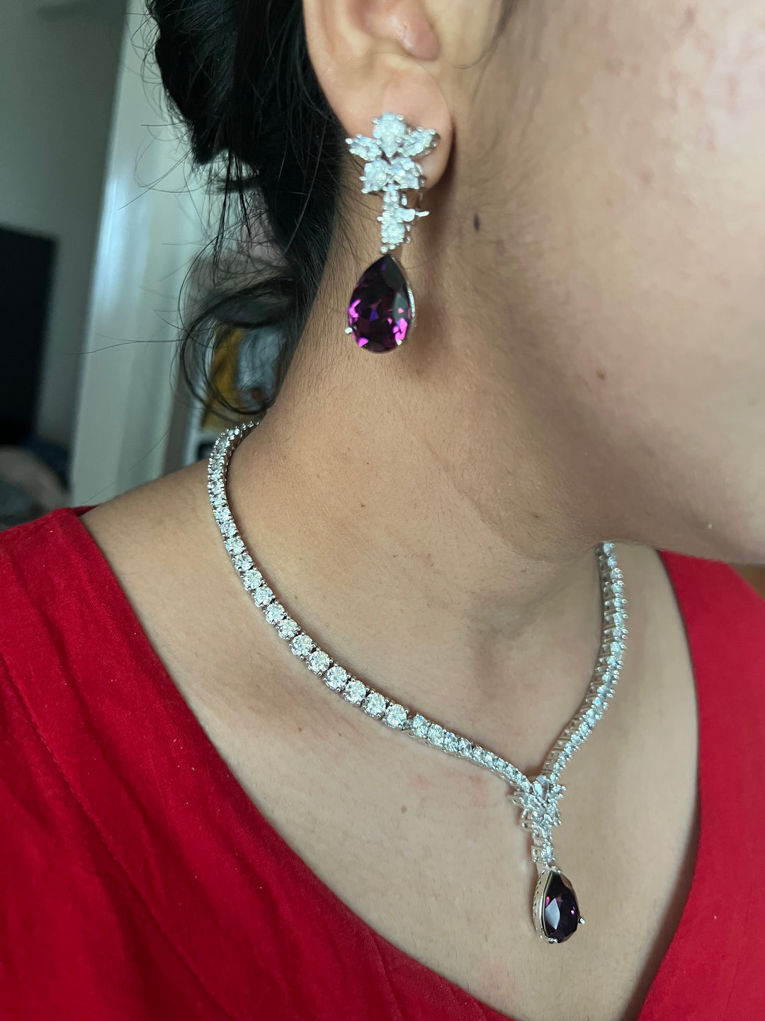 SHIVKA AD Amethyst Necklace Set | CZ Stones | Silver Polish | Cocktail Jewelry