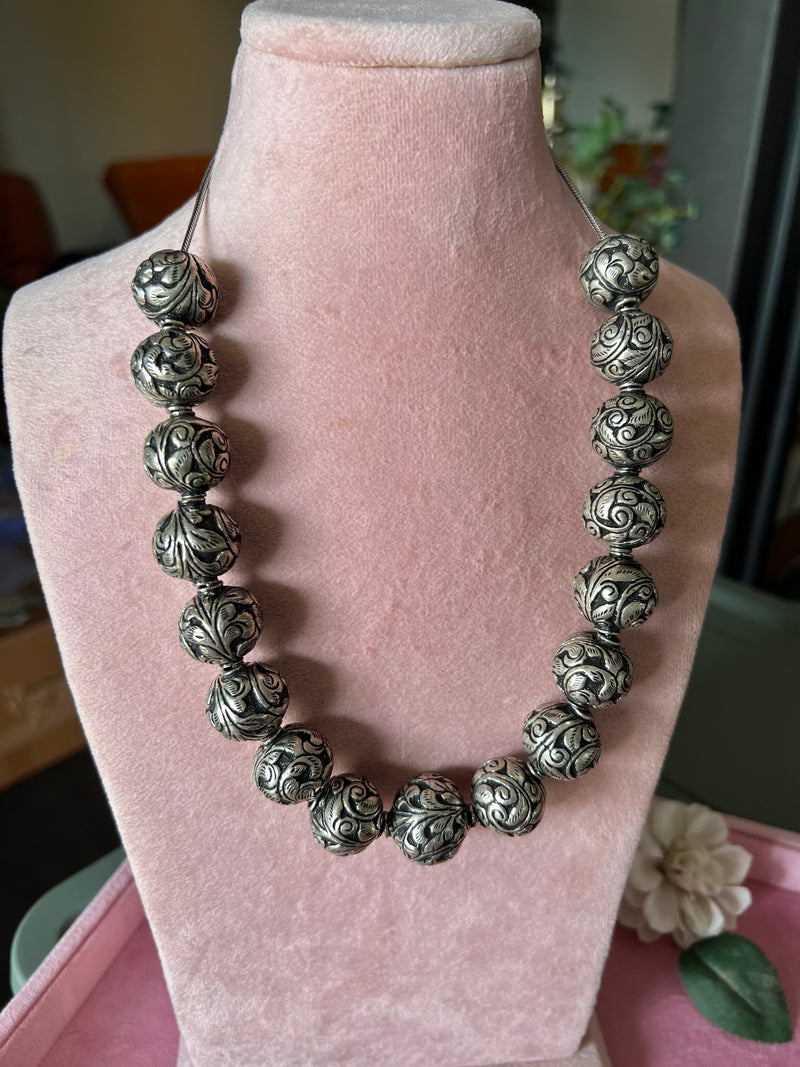 Chitai Work Silver Ball Necklace - 925 Sterling Silver Elegance