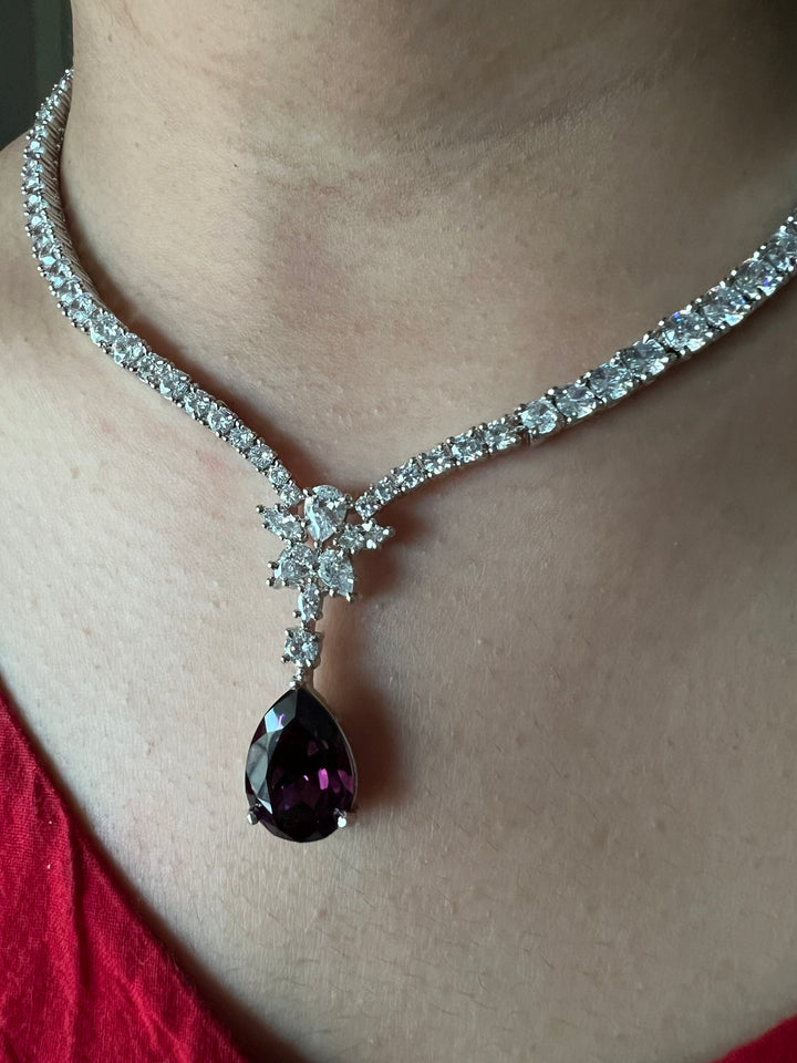 SHIVKA AD Amethyst Necklace Set | CZ Stones | Silver Polish | Cocktail Jewelry
