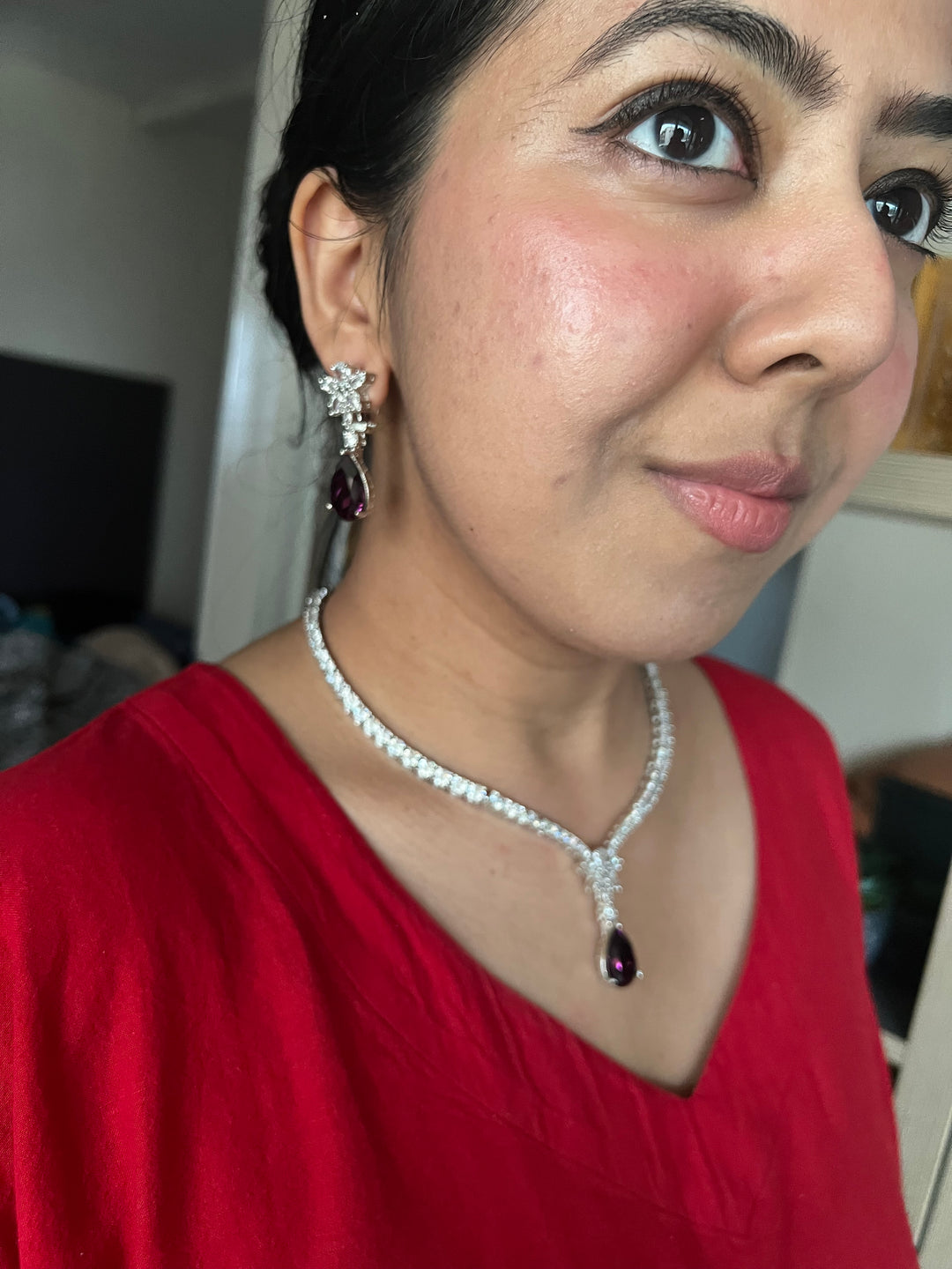 SHIVKA AD Amethyst Necklace Set | CZ Stones | Silver Polish | Cocktail Jewelry