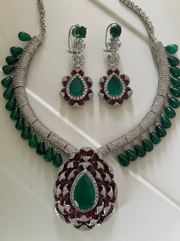 SHIVKA Ruby Emerald Necklace Set | CZ Stones | Rhodium Finish | Statement Jewelry