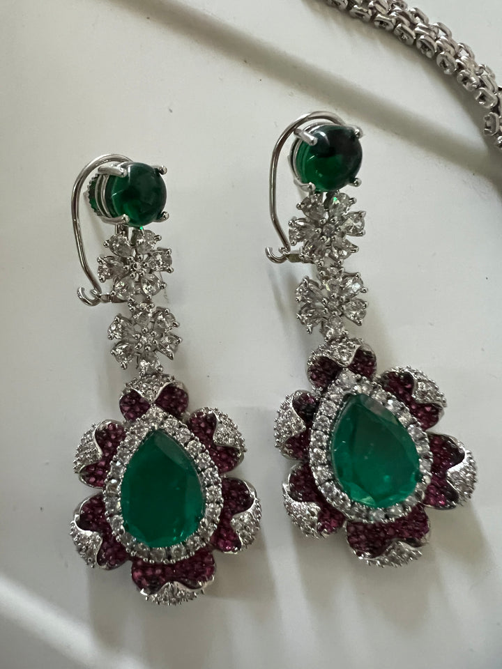 SHIVKA Ruby Emerald Necklace Set | CZ Stones | Rhodium Finish | Statement Jewelry