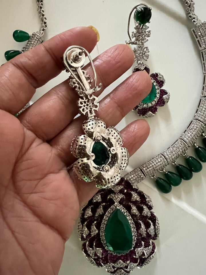 SHIVKA Ruby Emerald Necklace Set | CZ Stones | Rhodium Finish | Statement Jewelry