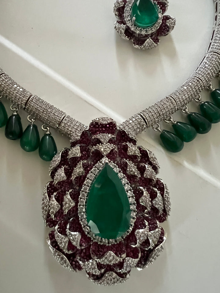 SHIVKA Ruby Emerald Necklace Set | CZ Stones | Rhodium Finish | Statement Jewelry