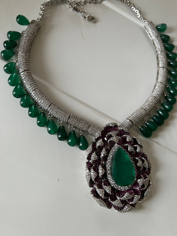 SHIVKA Ruby Emerald Necklace Set | CZ Stones | Rhodium Finish | Statement Jewelry