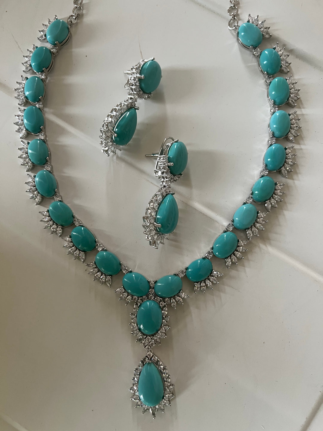 SHIVKA Turquoise Necklace Set | Faux Diamonds | Rhodium Plated