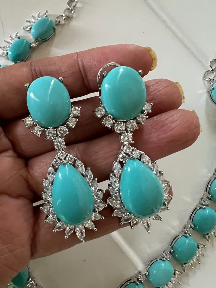 SHIVKA Turquoise Necklace Set | Faux Diamonds | Rhodium Plated