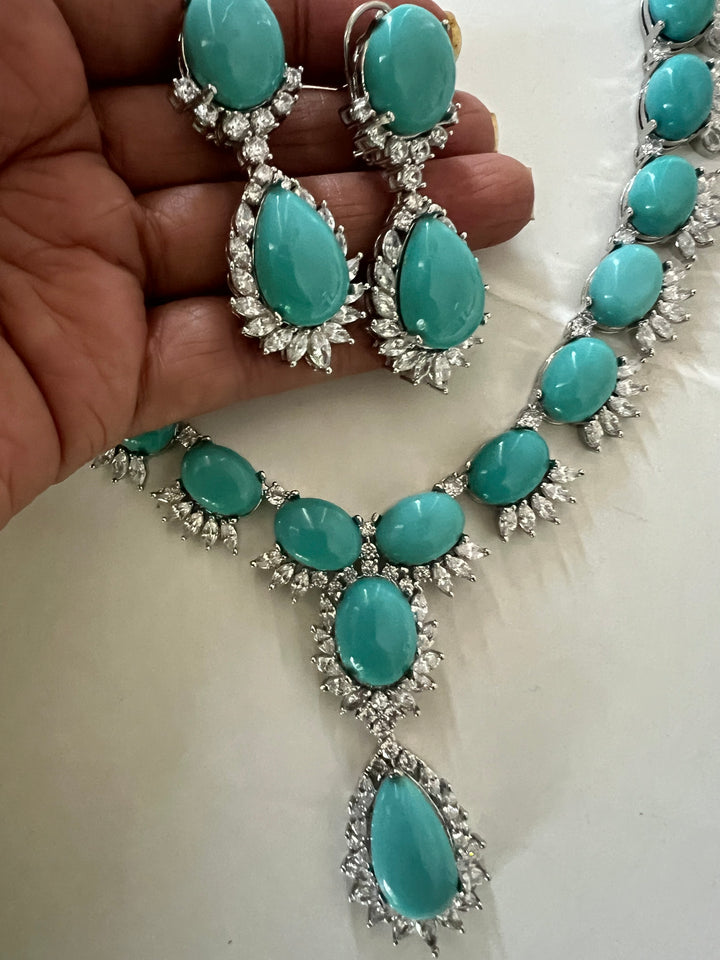 SHIVKA Turquoise Necklace Set | Faux Diamonds | Rhodium Plated