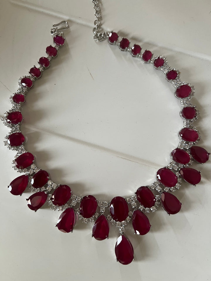 SHIVKA Ruby Necklace Set | Faux Diamonds | Rhodium Plated | Cocktail Jewelry
