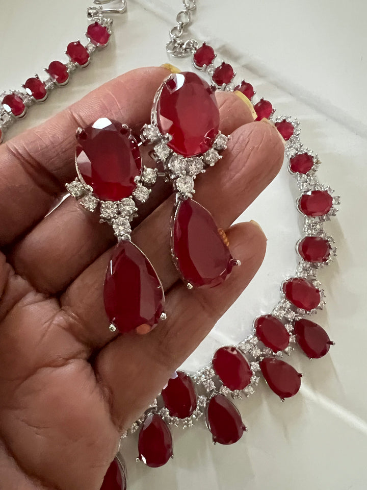 SHIVKA Ruby Necklace Set | Faux Diamonds | Rhodium Plated | Cocktail Jewelry