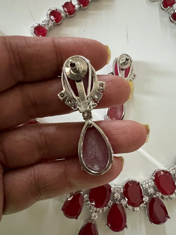 SHIVKA Ruby Necklace Set | Faux Diamonds | Rhodium Plated | Cocktail Jewelry