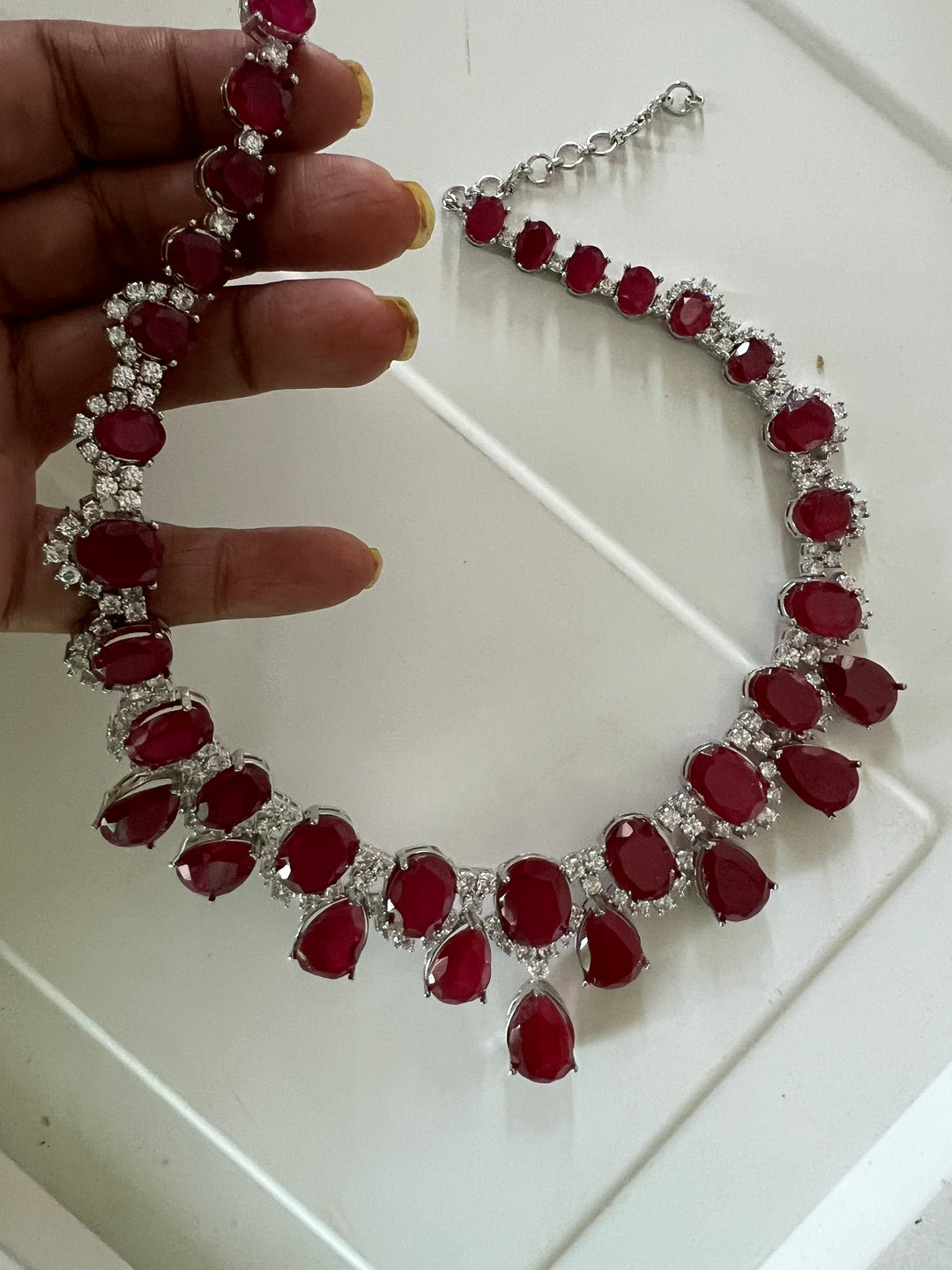SHIVKA Ruby Necklace Set | Faux Diamonds | Rhodium Plated | Cocktail Jewelry