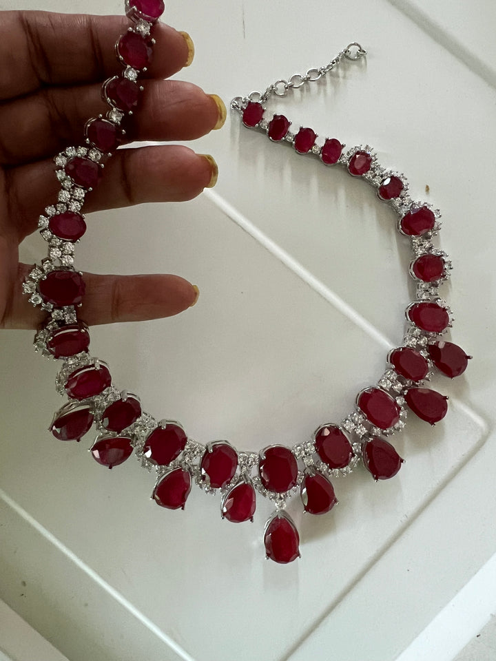 SHIVKA Ruby Necklace Set | Faux Diamonds | Rhodium Plated | Cocktail Jewelry
