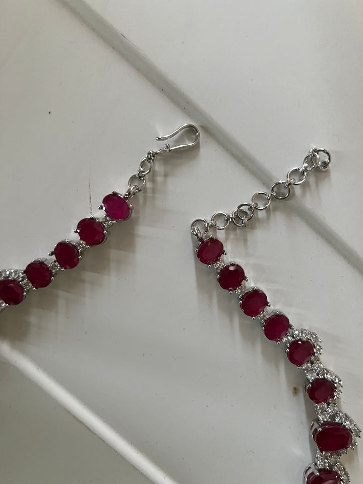 SHIVKA Ruby Necklace Set | Faux Diamonds | Rhodium Plated | Cocktail Jewelry