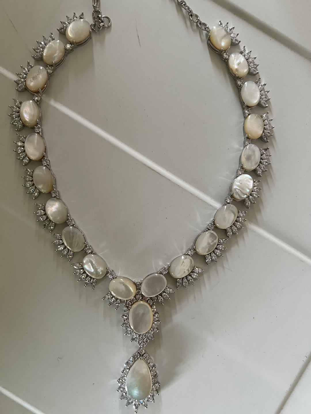 SHIVKA Mother of Pearl Necklace Set | Faux Diamonds | Rhodium Finish