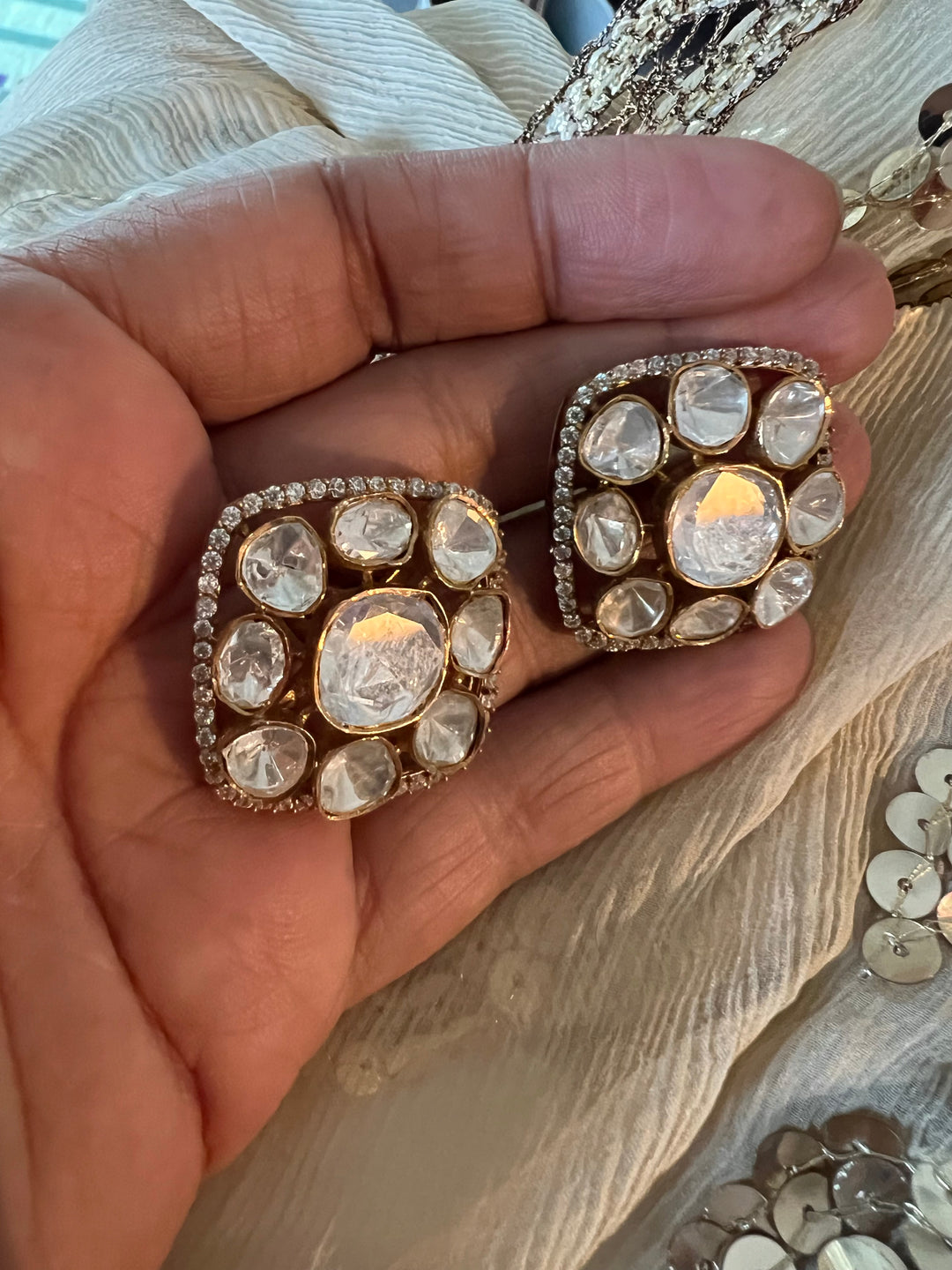 Pure 925 Silver Polki Stud Earrings - Premium Quality, Exquisite Craftsmanship