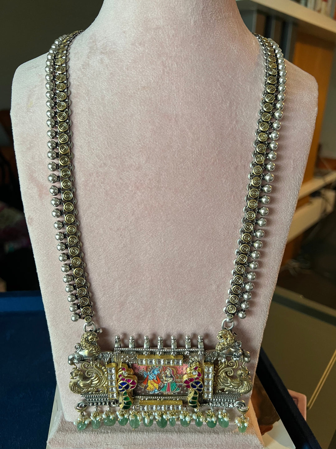 Exquisite Handpainted Radha Krishna Fusion Necklace in Pure 925 Silver