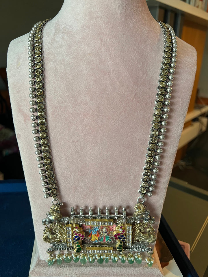 Exquisite Handpainted Radha Krishna Fusion Necklace in Pure 925 Silver