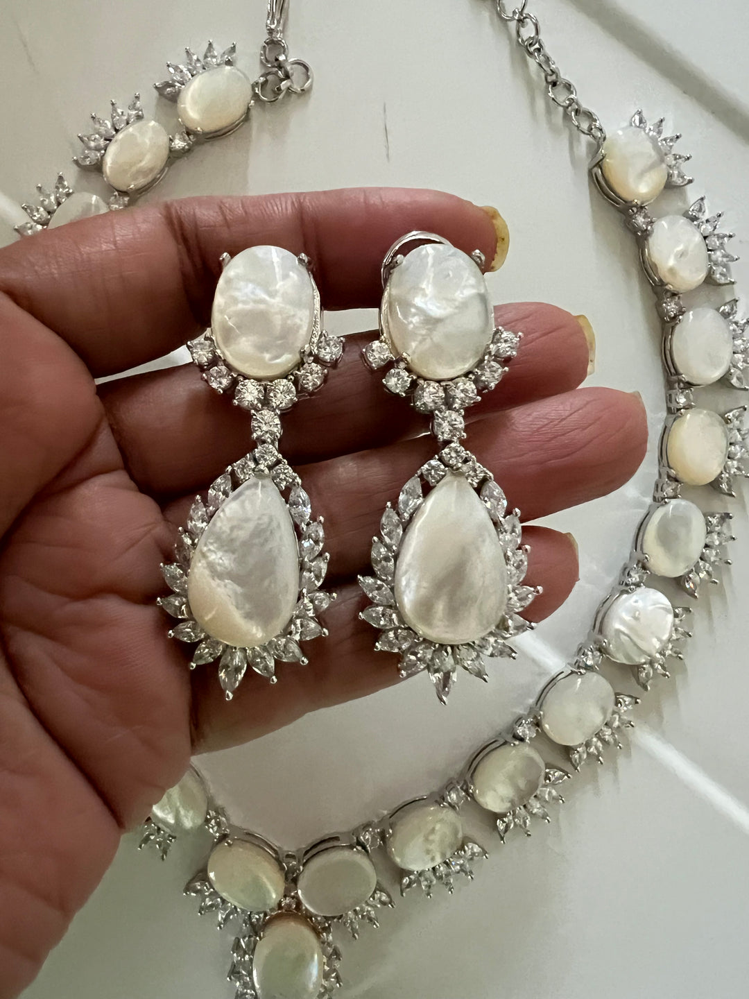 SHIVKA Mother of Pearl Necklace Set | Faux Diamonds | Rhodium Finish