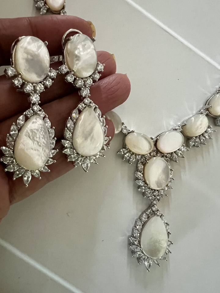 SHIVKA Mother of Pearl Necklace Set | Faux Diamonds | Rhodium Finish