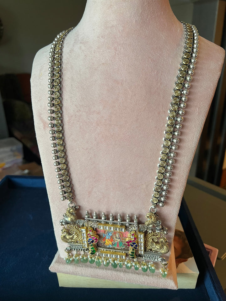 Exquisite Handpainted Radha Krishna Fusion Necklace in Pure 925 Silver