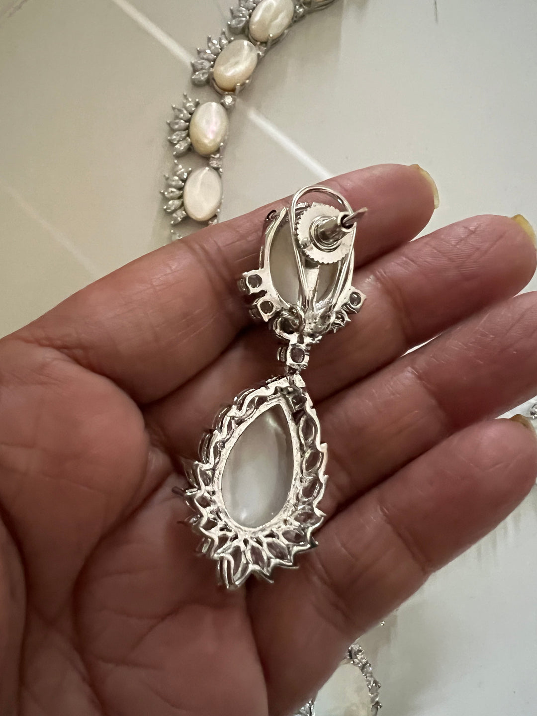 SHIVKA Mother of Pearl Necklace Set | Faux Diamonds | Rhodium Finish