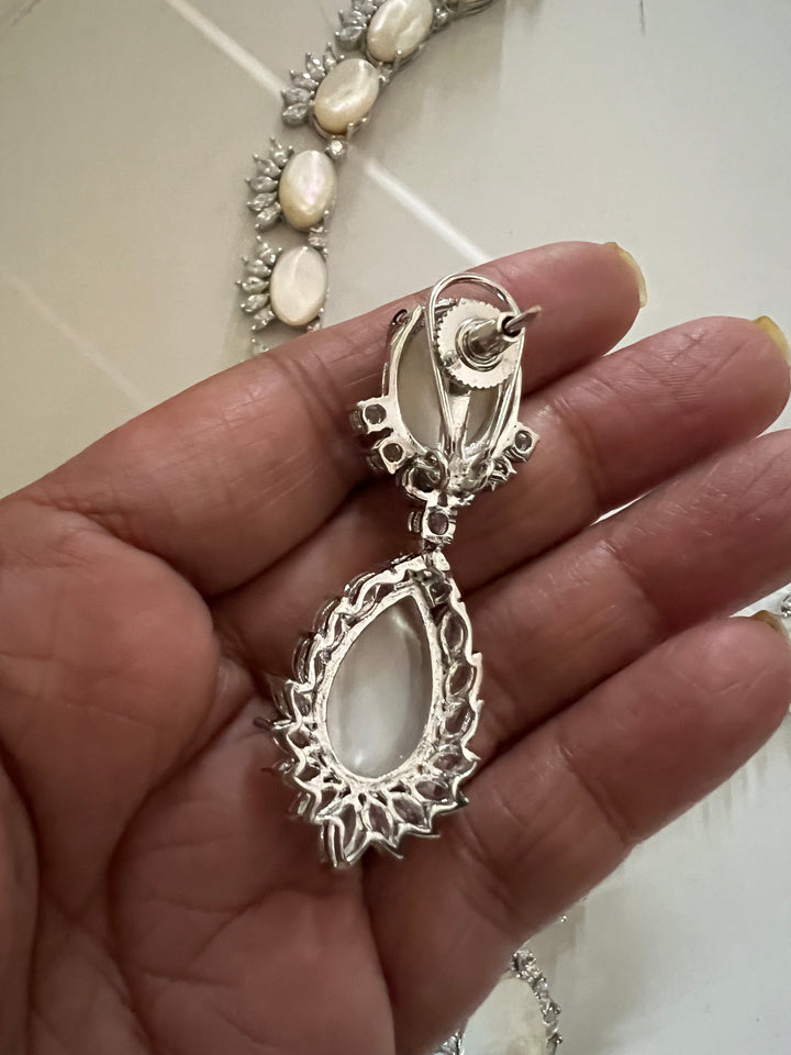 SHIVKA Mother of Pearl Necklace Set | Faux Diamonds | Rhodium Finish