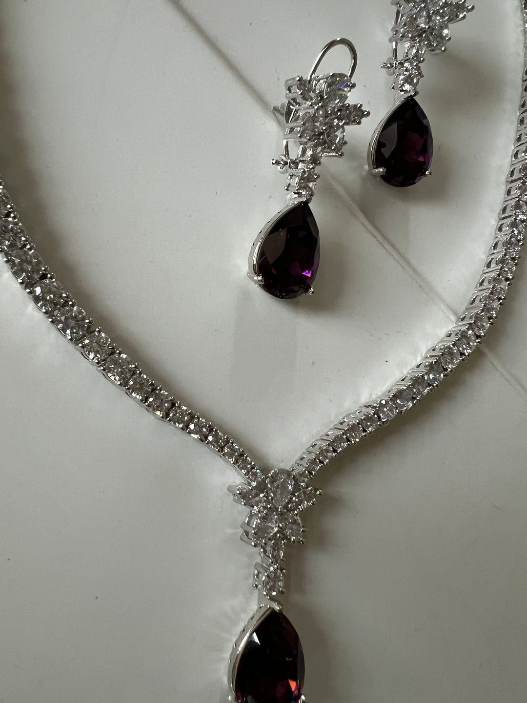 SHIVKA AD Amethyst Necklace Set | CZ Stones | Silver Polish | Cocktail Jewelry