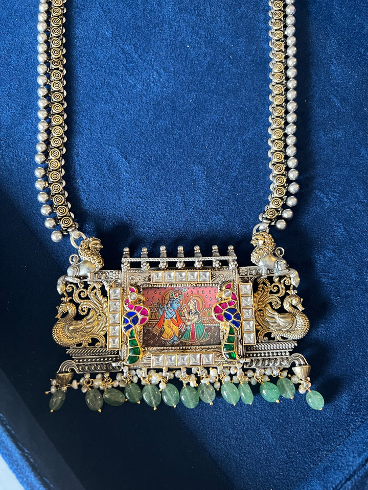 Exquisite Handpainted Radha Krishna Fusion Necklace in Pure 925 Silver