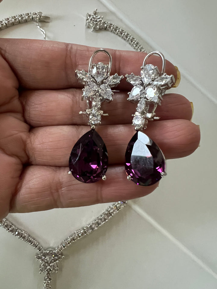 SHIVKA AD Amethyst Necklace Set | CZ Stones | Silver Polish | Cocktail Jewelry