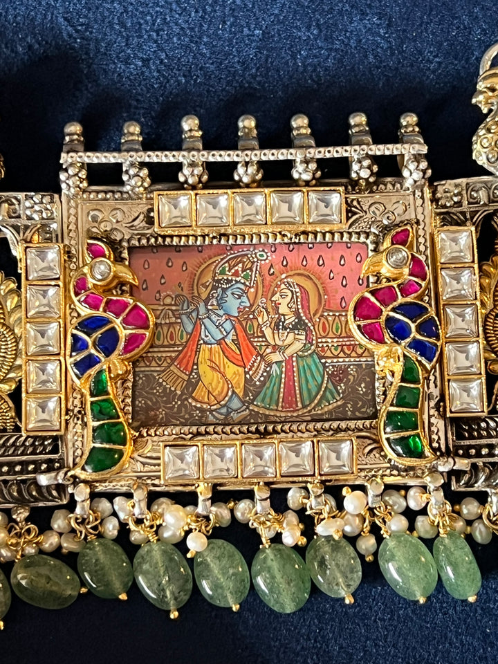 Exquisite Handpainted Radha Krishna Fusion Necklace in Pure 925 Silver