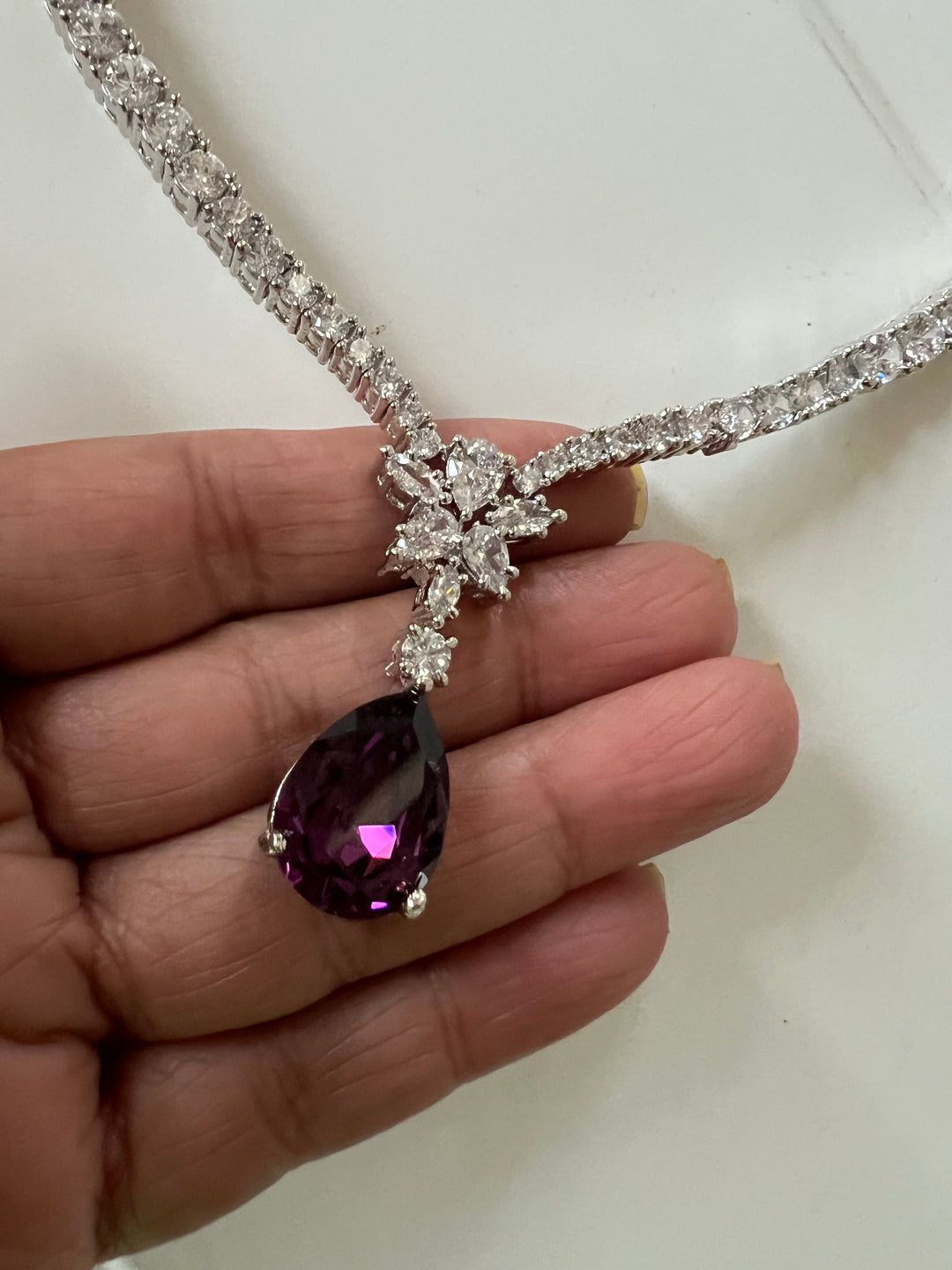 SHIVKA AD Amethyst Necklace Set | CZ Stones | Silver Polish | Cocktail Jewelry