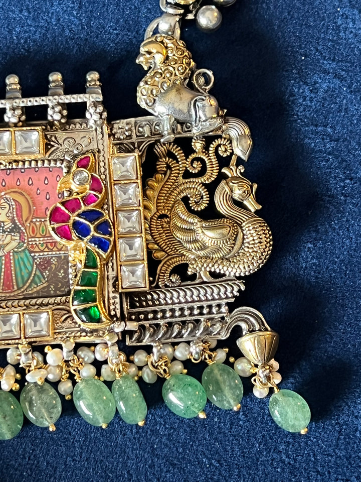 Exquisite Handpainted Radha Krishna Fusion Necklace in Pure 925 Silver