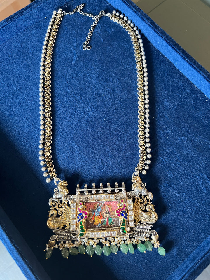 Exquisite Handpainted Radha Krishna Fusion Necklace in Pure 925 Silver