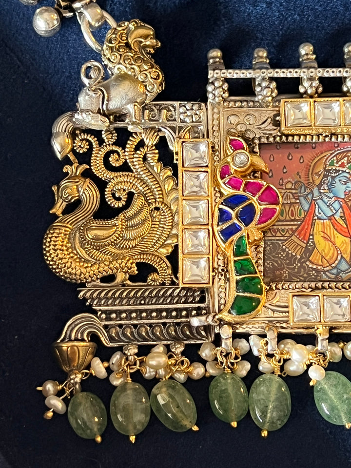 Exquisite Handpainted Radha Krishna Fusion Necklace in Pure 925 Silver