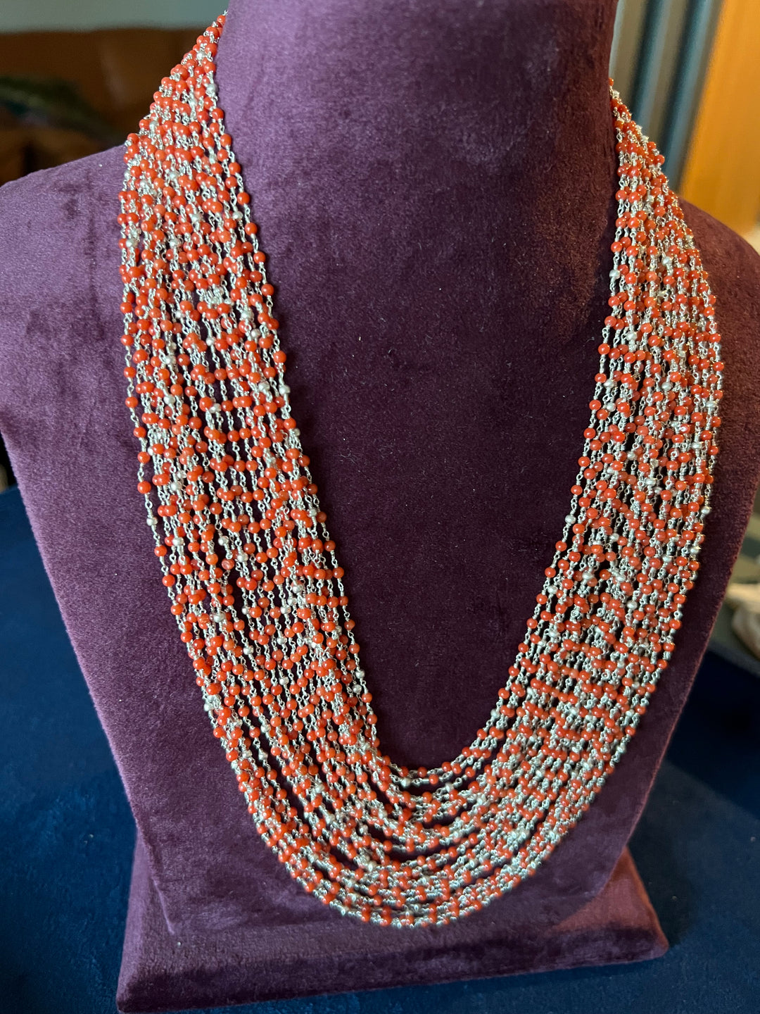 Exquisite Italian Coral & Silver Beads Multilayered Necklace