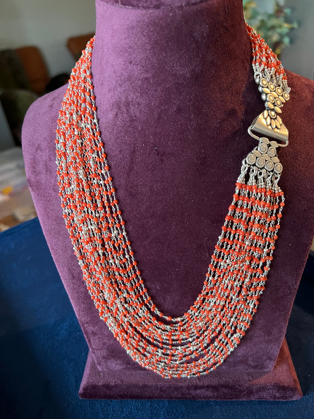 Exquisite Italian Coral & Silver Beads Multilayered Necklace