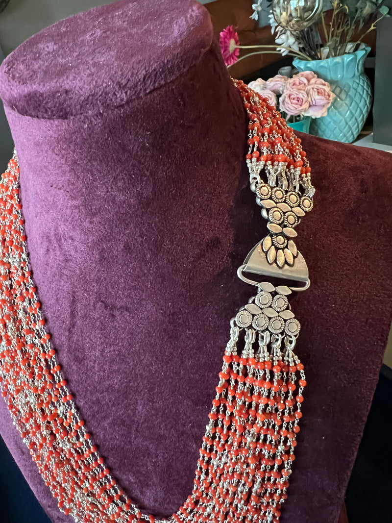 Exquisite Italian Coral & Silver Beads Multilayered Necklace